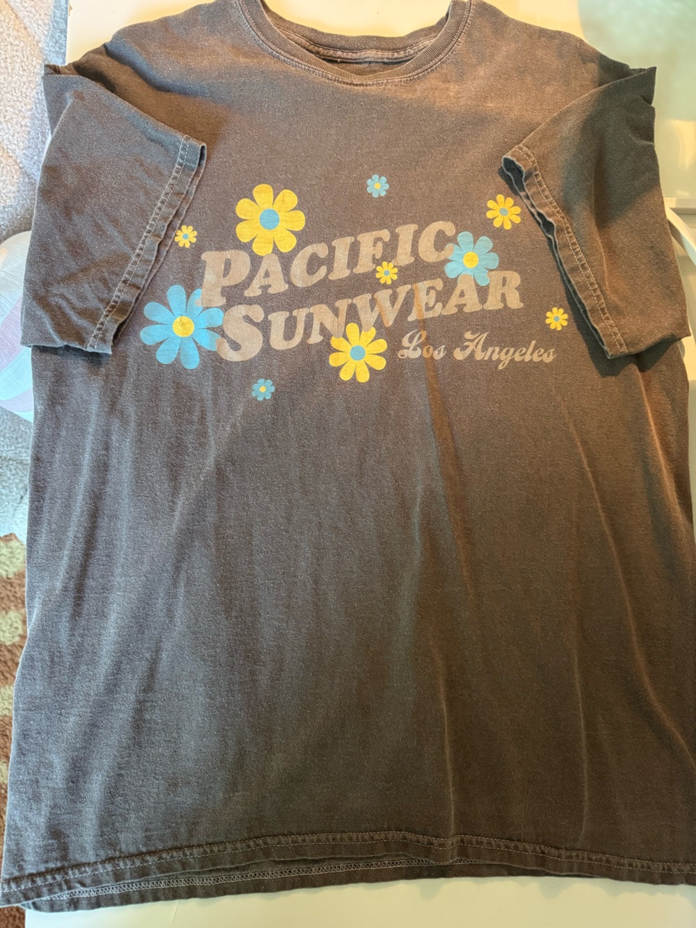 Pacific Sunwear Brown Tee with Yellow & Blue Floral Logo